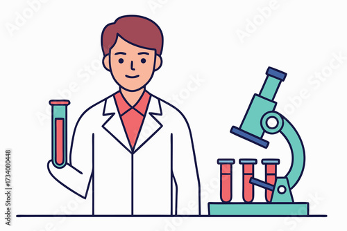 A scientist in a lab coat holding a test tube and standing next to a microscope isolated on white background