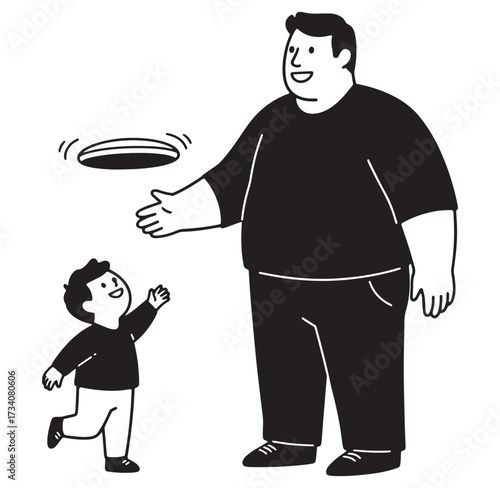 Father and son playing frisbee together in a simple black and white illustration