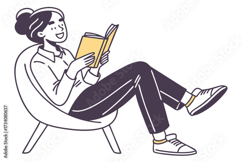 A woman sitting in a chair and reading a book isolated on white background