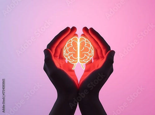 Hands Protecting Glowing Human Brain Illustration Against Neon Pink and Purple Background