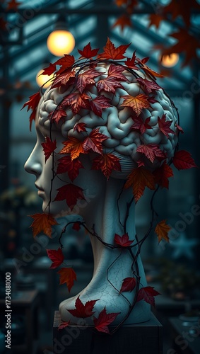 Statue Profile with Brain and Autumn Maple Leaves in a Moody Dark Greenhouse