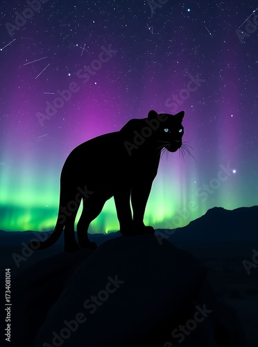 Black Panther Silhouette with Glowing Eyes Under Vibrant Green and Purple Aurora Borealis