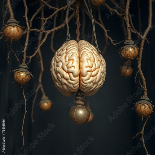 Surreal Brain Hanging from Twisted Branches with Glowing Lightbulb and Organic Pods