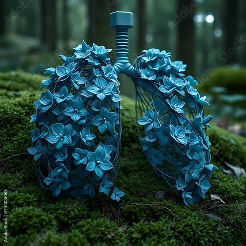 Conceptual Human Lungs Model Covered in Vibrant Blue Flowers on Green Forest Moss