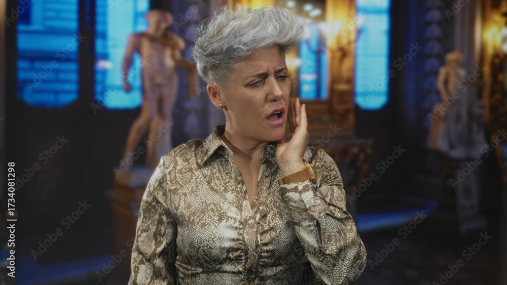 Fototapeta premium Woman with short silver hair wearing snake print shirt holds her cheek with hand in museum hall; discomfort.