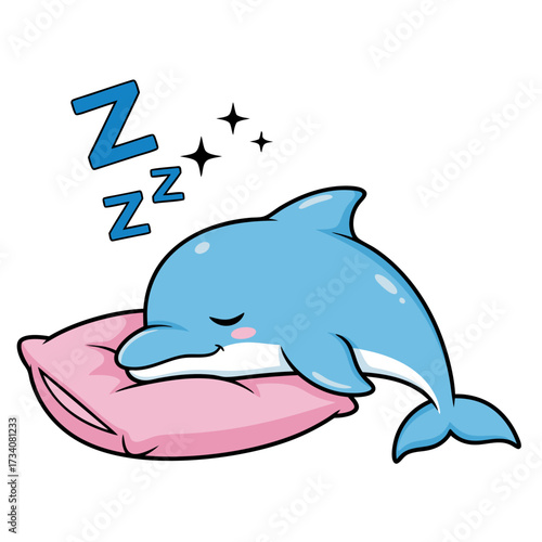 Cute sleeping dolphin cartoon illustration on a pink pillow with Zzz - Dreamy underwater creature