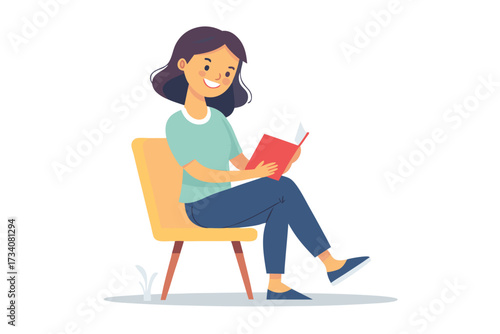 A woman is sitting on a chair and reading a book isolated on white background she is smiling and enjoying her time reading