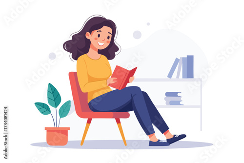 A woman is sitting on a chair and reading a book she is smiling and enjoying her time reading isolated on white background