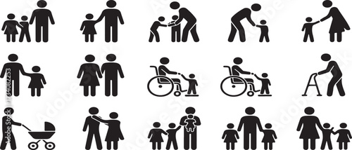 Family and Caregiving Icons Silhouette Set for Parents Children Elderly and Support