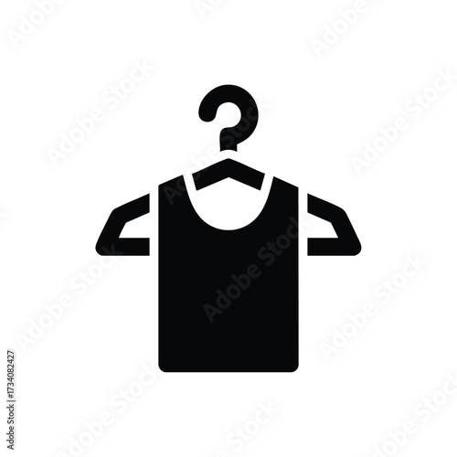 Minimalist silhouette of a sleeveless shirt hanging on a hanger with a question mark above it, symbolizing clothing or fashion choices