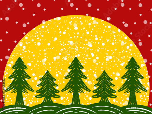 クリスマスのカード　雪の降る満月の聖夜イラスト　クリスマスカラー
