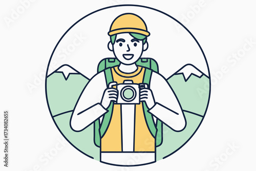 Happy photographer with a camera and backpack in the mountains isolated on white background, capturing the beauty of nature