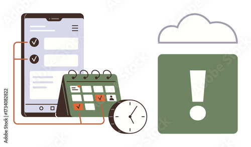 Mobile device with checklist app, desk calendar, clock, and cloud alert icon. Ideal for productivity, scheduling, organization, time management, reminders cloud storage progress tracking simple