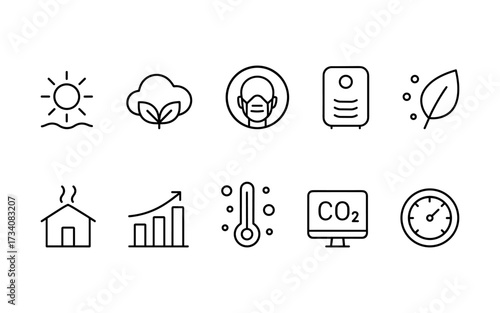 Set of twelve black line icons including sun with leaves, wind, air pollution, fan, airflow, CO and CO2 symbols, thermometer, weather sensor, and sprout.