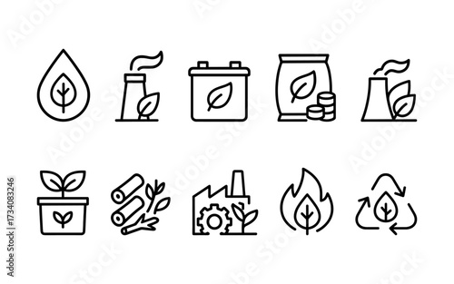 Set of ten black line icons including leaf, fire, eco factory, corn, biofuel container, tree, recycling symbol, thermometer, hay bale, and truck with biomass.