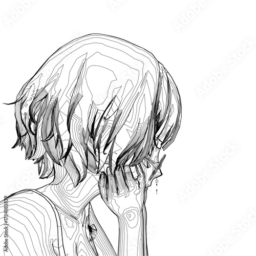 A man in distress clasps his head in anguish, wearing glasses and a contoured expression.