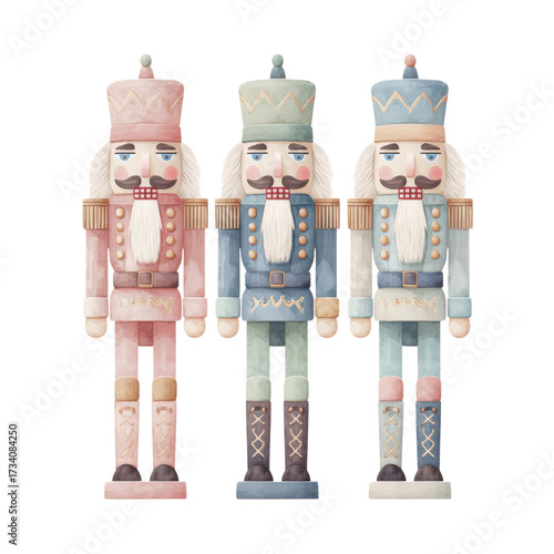 Elegant Nutcracker Trio: A charming collection of three elegantly designed nutcrackers, each adorned with distinctive pastel colors and classic regalia.