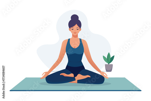 A woman is practicing yoga in the lotus position on a mat isolated on white background she is meditating and relaxing at home