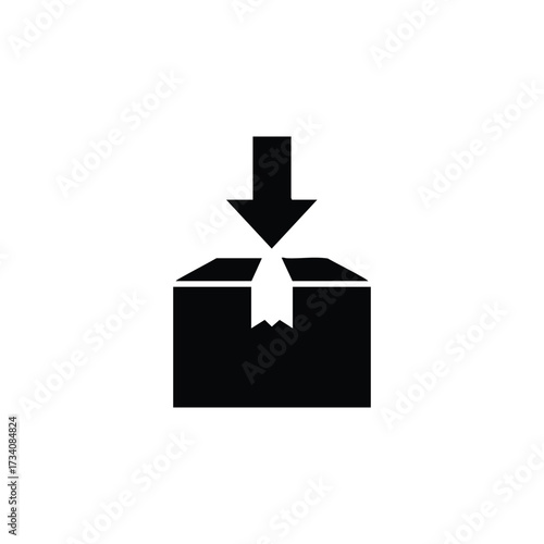 Unopened cardboard box with an arrow pointing downward, symbolizing delivery, packaging, or shipping concepts in a minimalist style