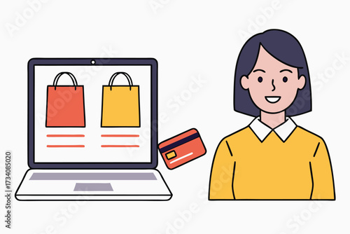 Young woman shopping online with laptop and credit card, isolated on white background ecommerce and digital marketing concept illustration