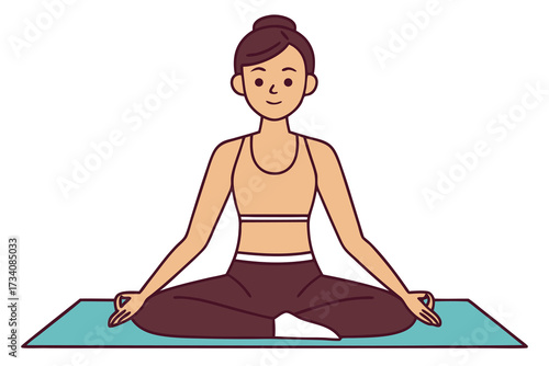 A woman is practicing yoga in the lotus position on a mat isolated on white background she is meditating and relaxing at home