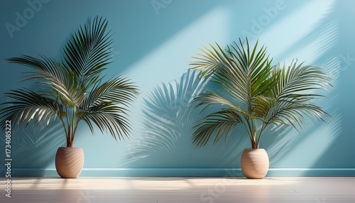 Palm Tree Shadows On A Light Blue Wall Casting Soft Patterns On A Light Beige Floor