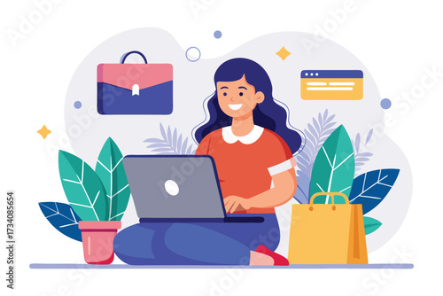 A young woman is sitting crosslegged and working on her laptop, surrounded by plants, bags, and icons isolated on white background