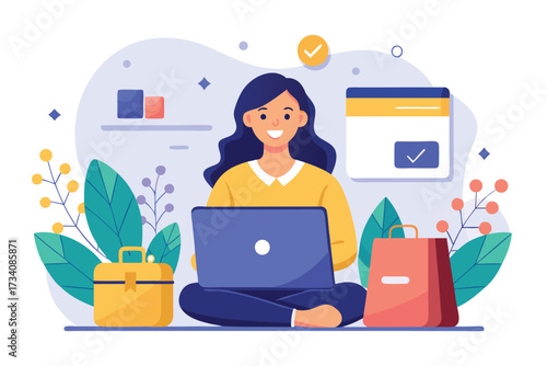 A woman is sitting crosslegged and working on her laptop, surrounded by plants, bags, and icons isolated on white background