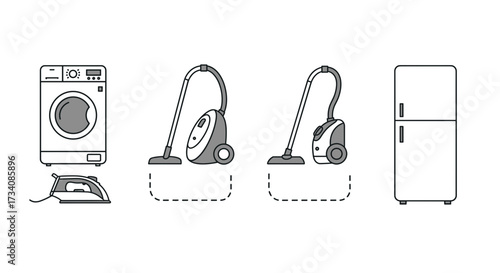 Outline drawing of essential home appliances including washing machine refrigerator vacuum cleaner and iron tool