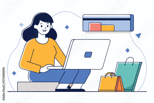 Young woman shopping online with laptop and credit card, isolated on white background ecommerce and digital marketing concept vector
