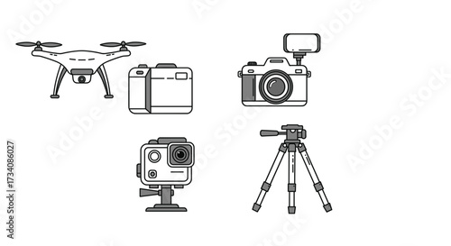 Photography equipment vector set including drone camera action camera digital camera and tripod for photographers