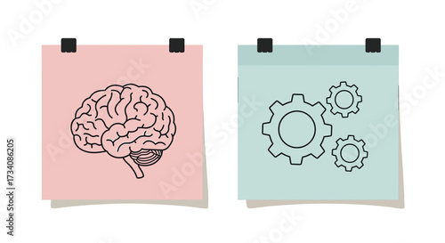 Brainstorming concept with brain and gears on sticky notes for creative thinking and problem solving idea