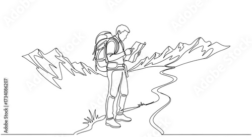 Hiker checking map single line drawing backpack mountains travel adventure