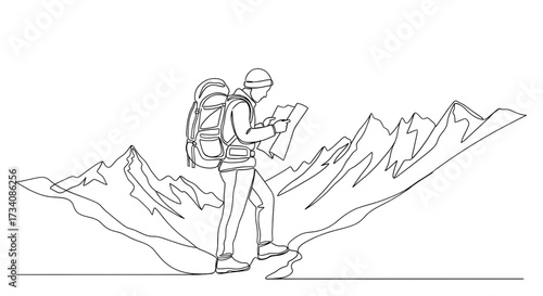 Hiker checking map single line drawing backpack mountains travel adventure