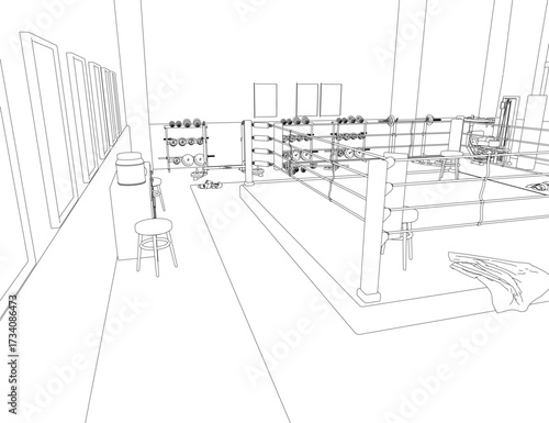 A boxing ring in a black and white contour drawing, featuring a stool and bucket inside the ropes, with gym walls visible in the background.
