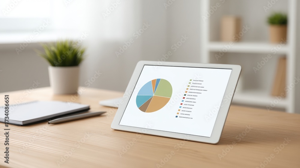 Fototapeta premium Financial Planning Modern workspace featuring a tablet displaying a pie chart, with stationery and a plant in the background.