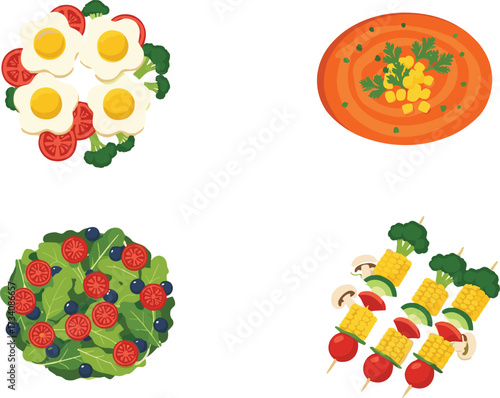 Healthy food cartoon illustration with eggs, soup, salad, and vegetable skewers in colorful style isolated on white background for nutrition concept