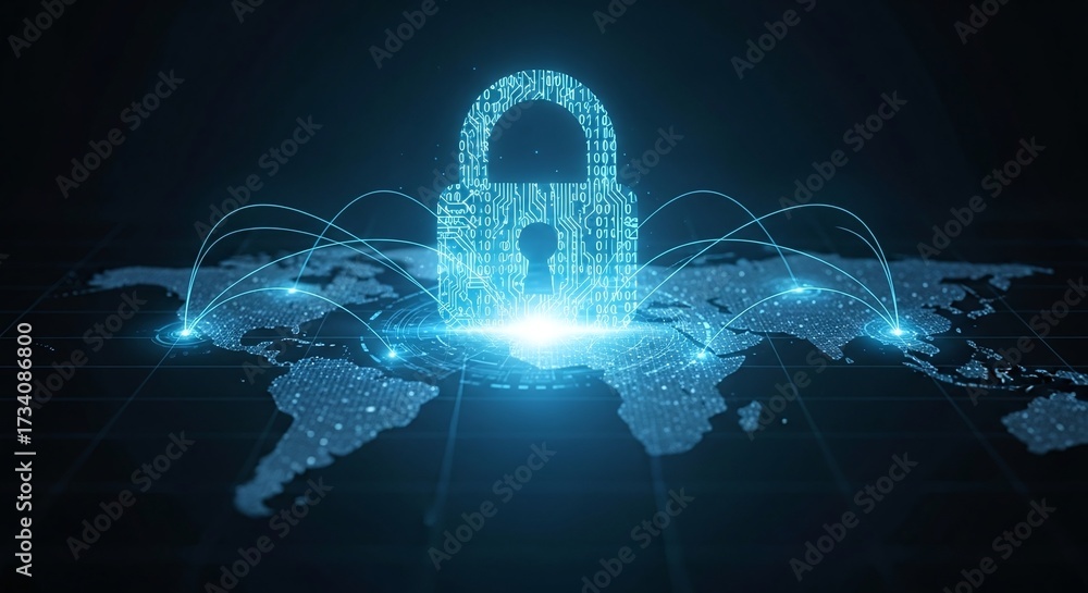 Obraz premium Global Digital Padlock Cybersecurity Network World Map Protection