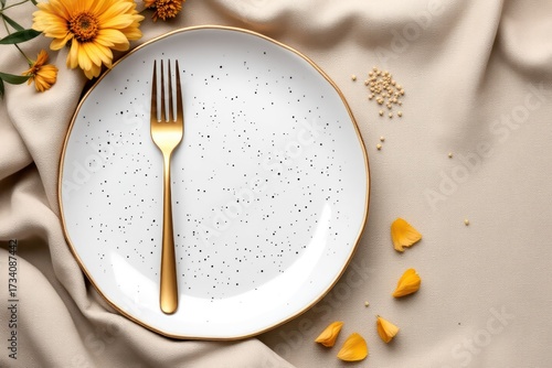 A pristine, empty plate with a gold fork, surrounded by yellow flowers and petals on a beige cloth