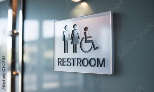 A restroom sign affixed to a modern wall.  Symbols for men, women, and disabled access