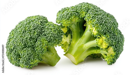 Two fresh broccoli florets against white background