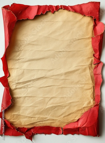 A faded, tan paper document with a ragged, red border