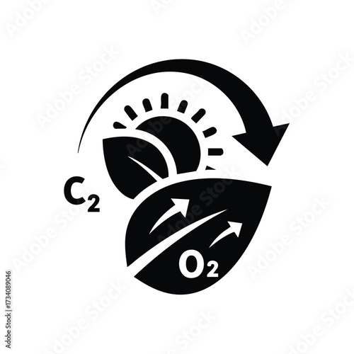 Environmental Sustainability Concept with Sun, Leaf, and Arrows Representing Carbon and Oxygen Cycles