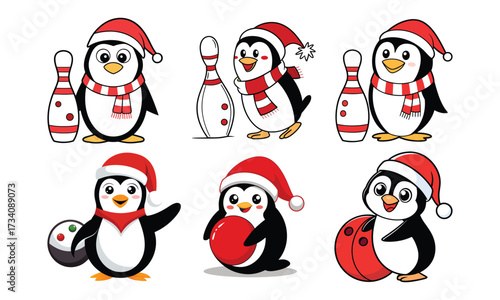 Cute cartoon penguins wearing santa hats and scarves in various festive poses with christmas presents and bowling pins for holiday celebration