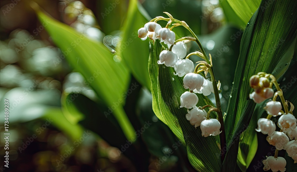 Obraz premium Close-up of delicate white lilies. Sunlight highlights dew drops. Lush greenery surrounds