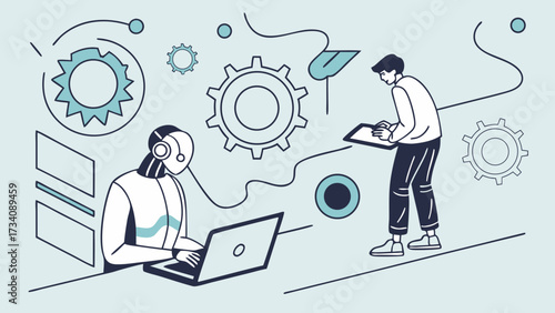 Digital illustration depicting humanoid robot working laptop alongside person taking notes. background features gears and abstract shapes