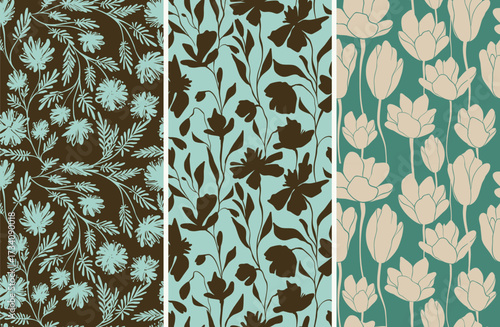 A set of stylish seamless floral patterns in trendy colors, retro linear vector, concise, contrasting vintage, handmade design for fabric design decoration elements on a light or dark background