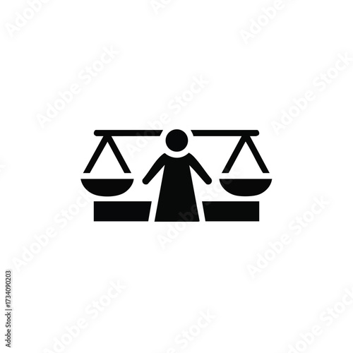 Silhouette of a person standing between balanced scales symbolizing justice, fairness, and legal judgment in a minimalist style