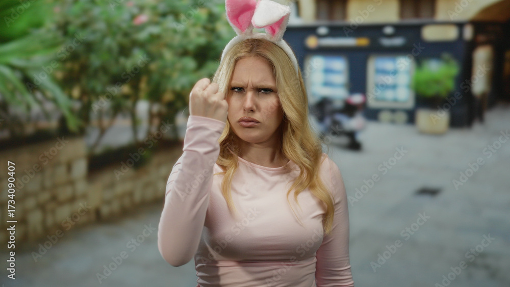 Fototapeta premium Blonde woman wearing bunny ears playfully showing a fist in a funny gesture while standing outdoors in a city street setting, surrounded by greenery and urban architecture.