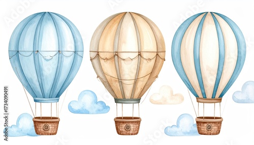 Air balloons watercolor collection floating in sky, design element, background